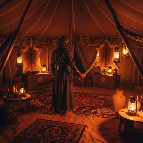 Pre-Islamic Era Depiction: Middle-Eastern Man in Tent with Sword