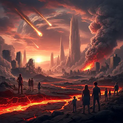 Apocalyptic Scene with Meteor Impact and Human Resilience