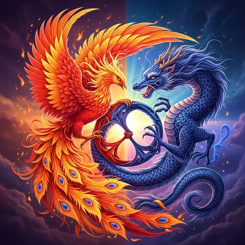 Phoenix and Dragon Embracing - Mythical Unity Symbol