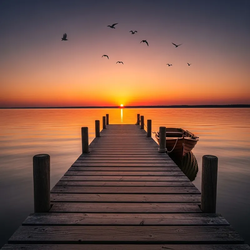 Serene Lake Sunset on Rustic Pier