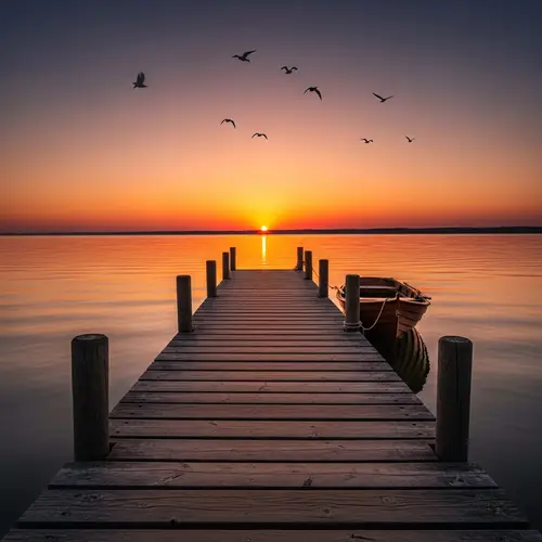 Tranquil Sunset Scene on Wooden Pier over Calm Lake