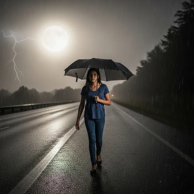 Hispanic Girl Walking in Rainy Moon Thunderstorm on Foggy Highway