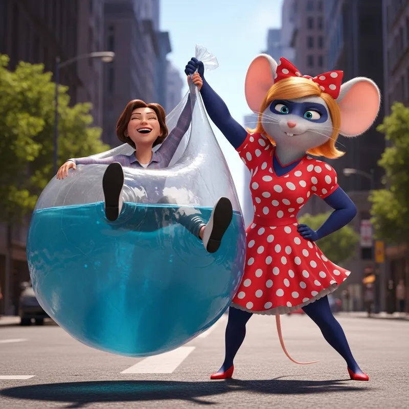 Animated Superhero Minnie Mouse Saves Woman in Oversized Inflated Diaper Scene
