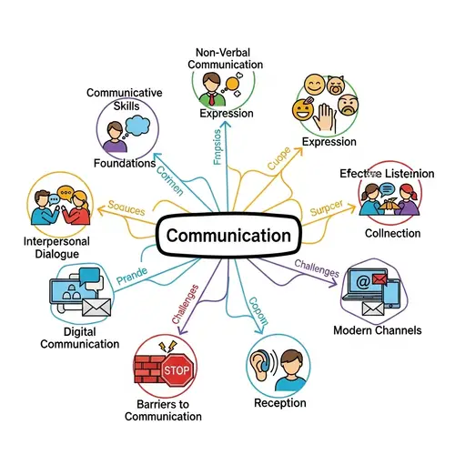 Communication Concept Map: Skills, Non-Verbal, Dialogue, Group, Digital, Barriers, Listening, Public Speaking