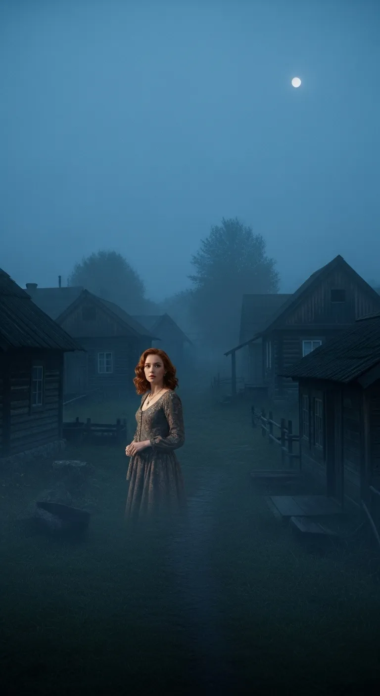 Enchanting Redhead in Nighttime Villagescape