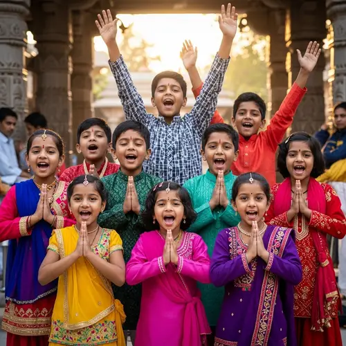 Enthusiastic Children Chanting Devotional Slogan in India
