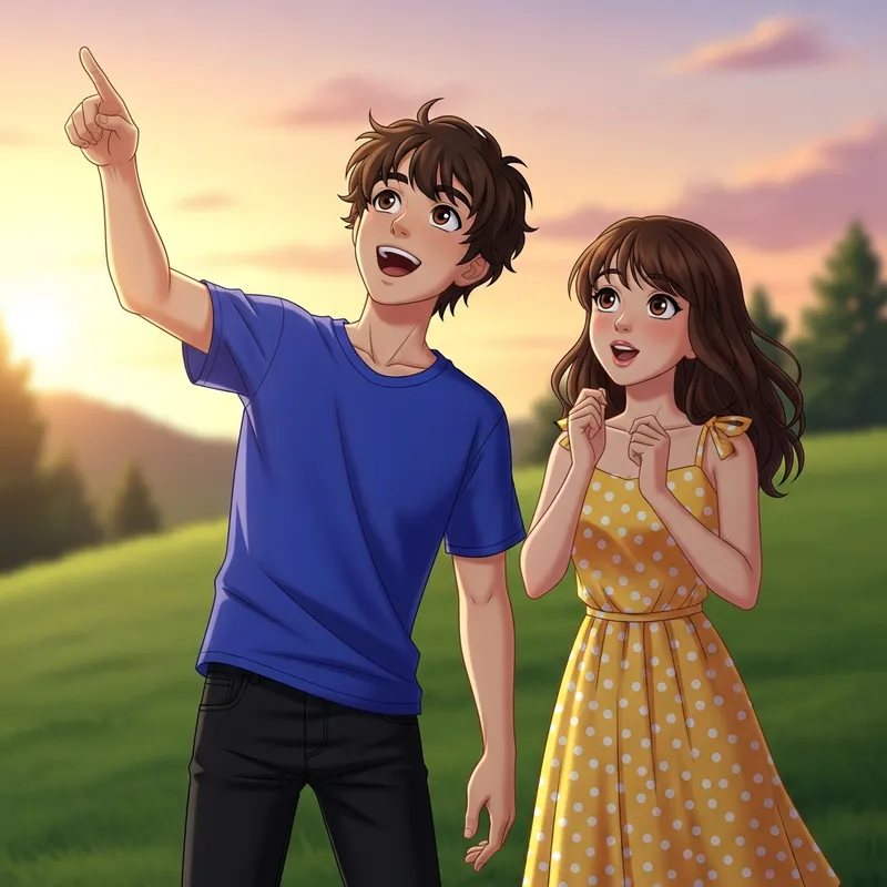 Brown-Haired Boy and Girl with Brown Eyes in Joyful Moment