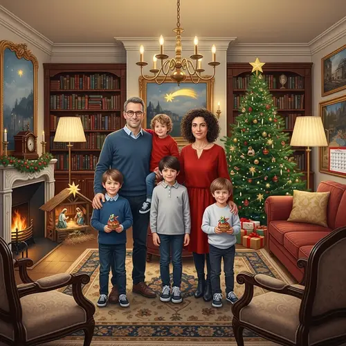 French Family Christmas Illustration in Oil Painting Style