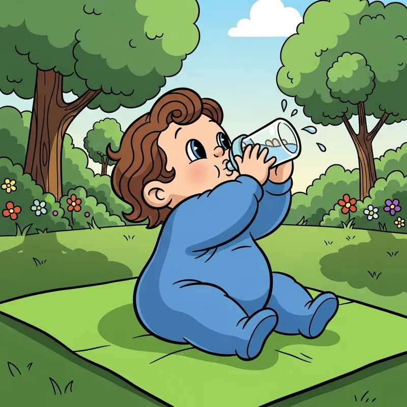 Baby with Wavy Brown Hair Drinking Water - Disney Style Park Scene Baby with Wavy Brown Hair Drinking Water - Disney Style Park Scene