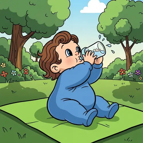 Wavy Brown Hair Baby Drinking Water - Disney Style Park Scene