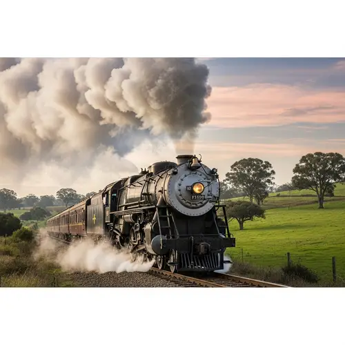 Vintage Steam Train on Railroad Track in 1938 Rural Landscape