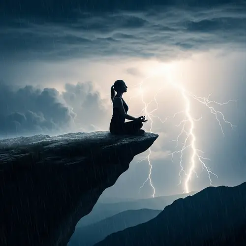 Calm Amidst Chaos: Meditating Woman on Mountain Cliff