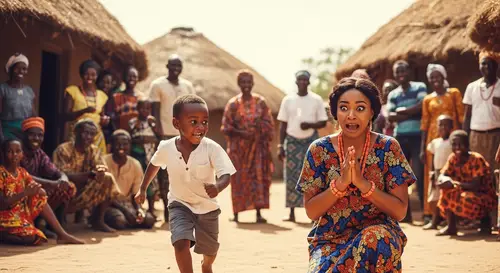 African Child Chasing Young Woman in Rustic Village | Heartwarming Scene