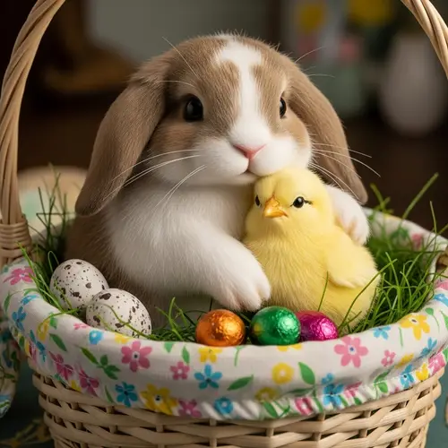 Easter Bunny and Chick Cuddling in Basket