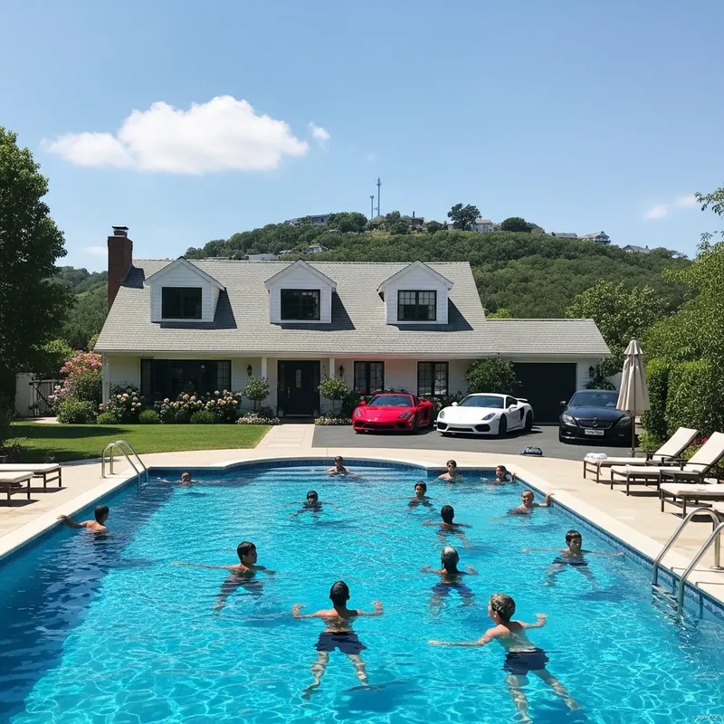 Hilltop House on August Evening with Pool and Sports Cars