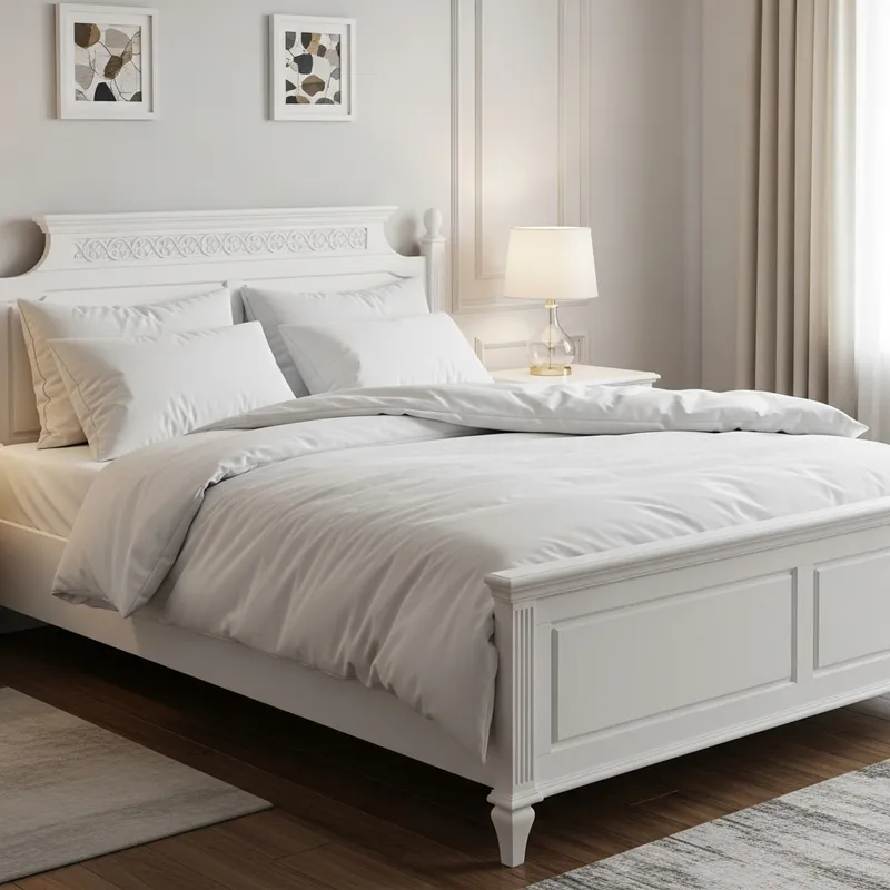 Calm and Cozy White Bed with Fluffy Pillows Calm and Cozy White Bed with Fluffy Pillows