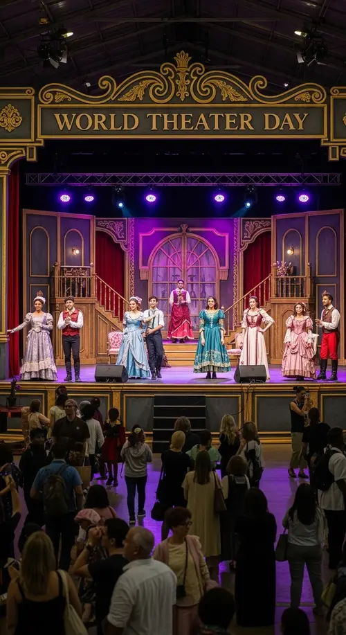 World Theater Day: Diverse Actors Rehearsing on Lavish Stage