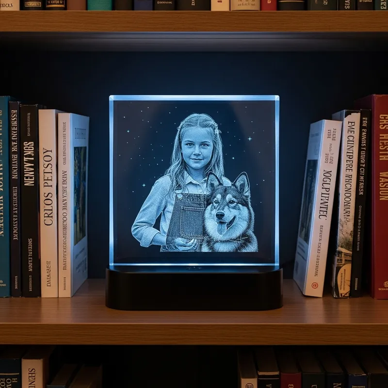 3D Engraving of Girl and Dog in Crystal Square on LED Base
