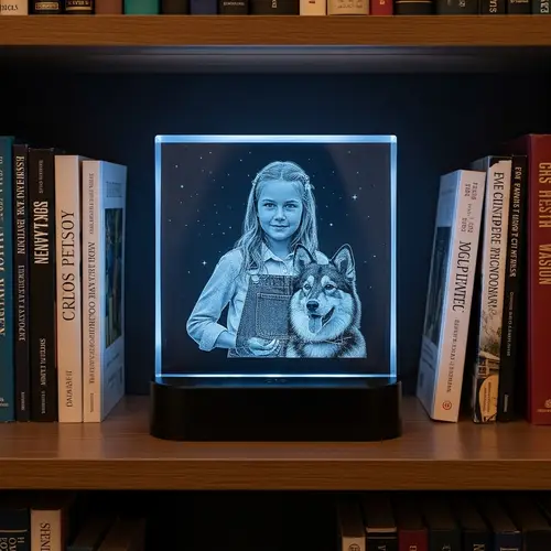 3D Crystal Engraving of Young Girl with Dog on LED-Illuminated Base