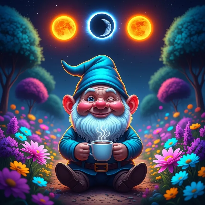 Neon Gnome in a Magical Eclipse Garden