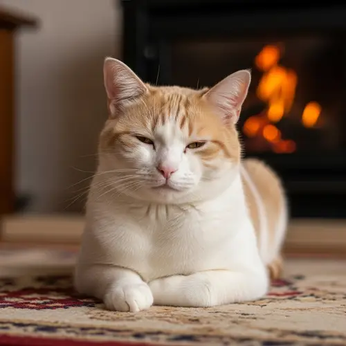 Relaxing Creamy White Cat on Warm Rug