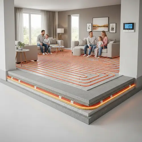 Detailed Cross-Section View of House with Underfloor Heating Technology