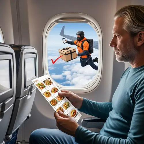 In-flight Meal Ordering Scene with Courier Delivering Food