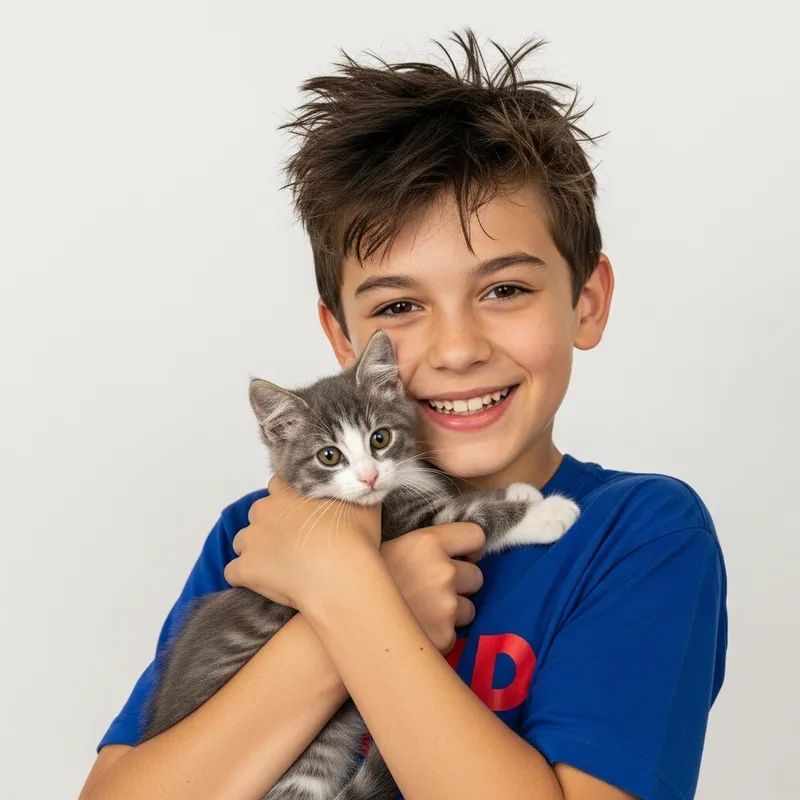 Adolescent Boy Embracing Gray Kitten | Expressing Affection and Joy