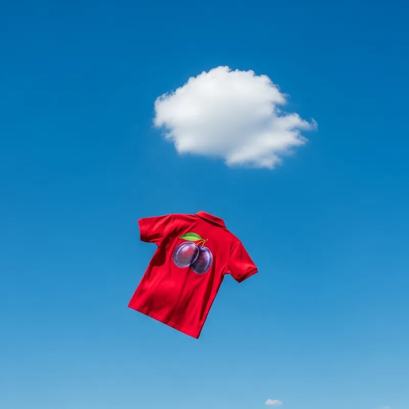 Vibrant Red Shirt with Flying Plums in Blue Sky