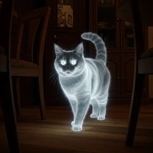 Ethereal Ghostly Cat in Cozy Room - Hauntingly Beautiful