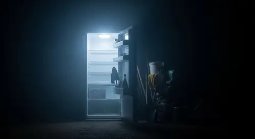 Eerie Refrigerator in Fog: A Surreal Garden Scene