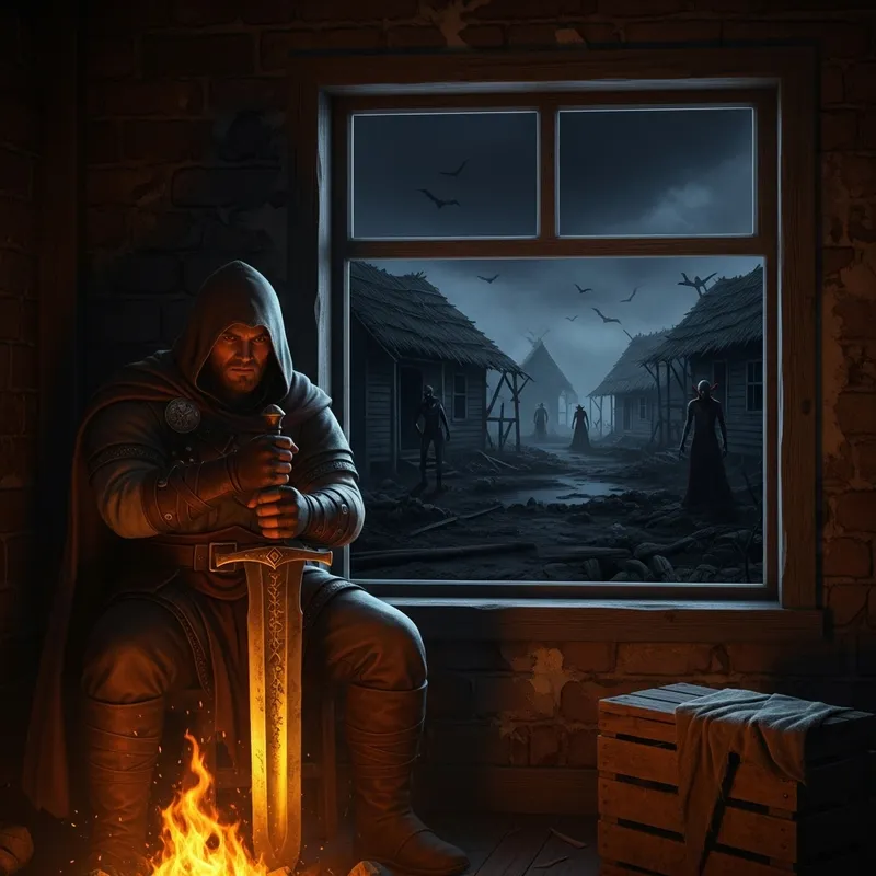 Hooded Warrior with Enormous Sword in Dark Abandoned House