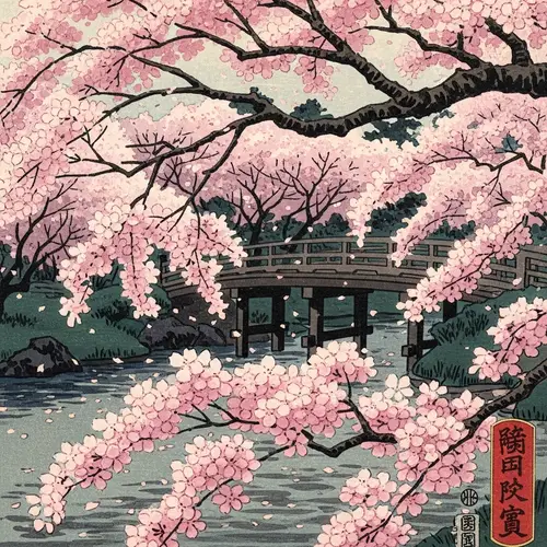 Tranquil Cherry Blossom Scene in Traditional Japanese Garden
