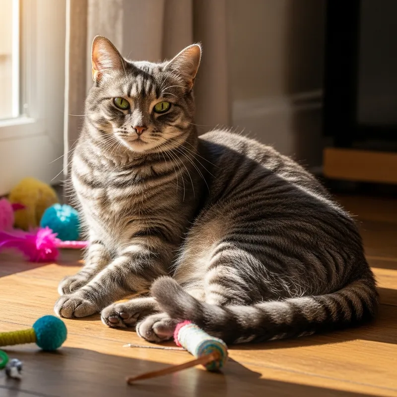 Adorable Grey Cat Enjoying Sunlight with Colorful Toys