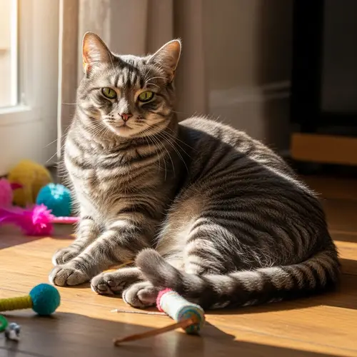 Luxurious Grey Cat Basking in Sunlight on Wooden Floor with Colorful Toys