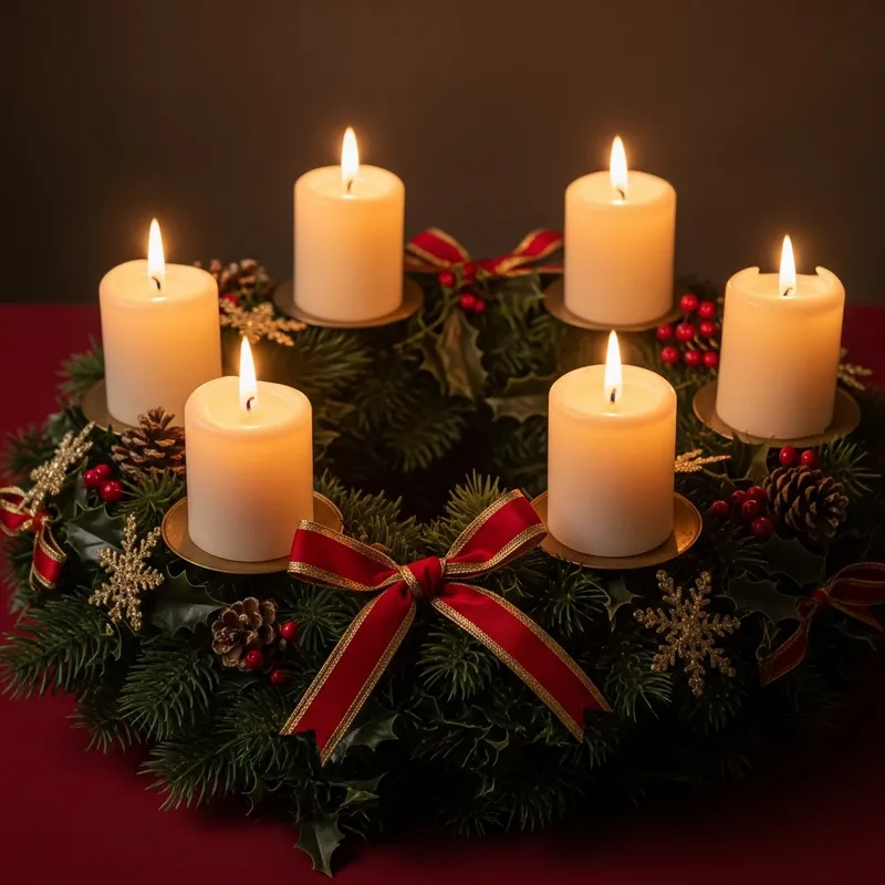 Cozy Vintage Advent Wreath with Lit Candles | Festive Holiday Decor