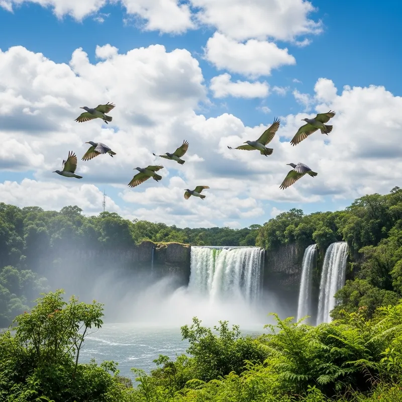 Graceful Birds Soaring Above a Cascading Waterfall in Vibrant Sky