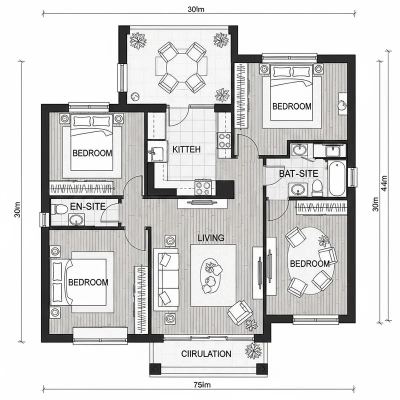 Detailed 3-Bedroom 30x40 House Floor Plan with 2 Bathrooms Detailed 3-Bedroom 30x40 House Floor Plan with 2 Bathrooms