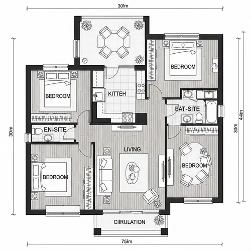 Detailed 3-Bedroom 30x40 Residential Floor Plan with 2 Bathrooms