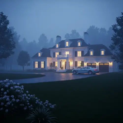 Tranquil Misty House with Luxury Audi in Evening Glow