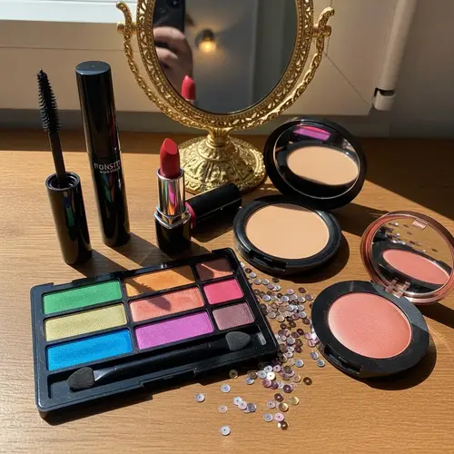 Vibrant Makeup Products on Wooden Surface | Beauty Essentials