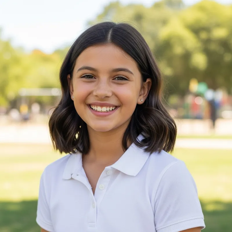 Happy Brunette Woman in White Polo Shirt