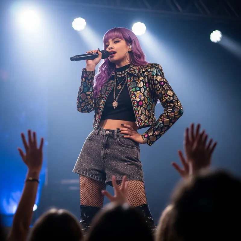 Female Singer with Purple Hair Performing On Stage