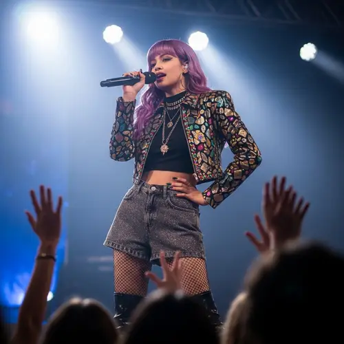 Famous Female Pop Singer with Purple Hair on Stage
