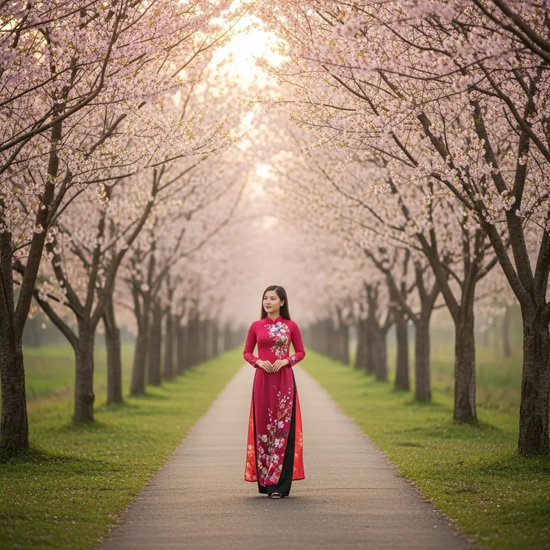 Vietnamese Woman Embracing Cherry Blossom Elegance