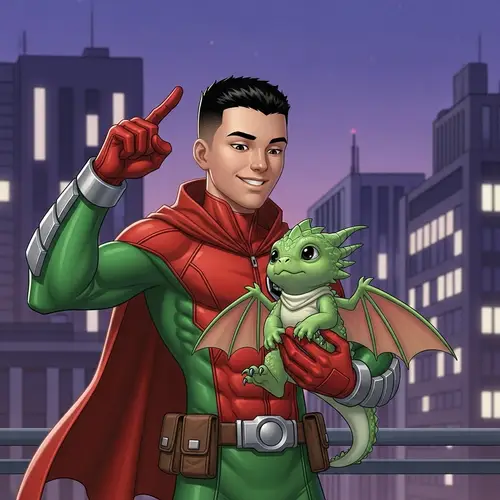 Youthful Superhero with Mini Draco | Urban Vigilante Scene