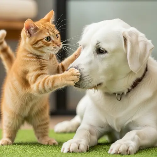 Joyful Cat and Dog Interaction: Playful Moment Captured