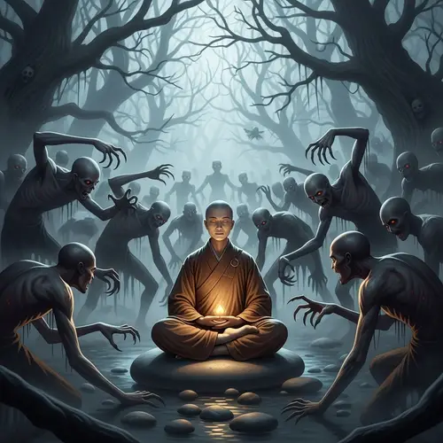 Tranquil East Asian Meditator Amidst Ghoulish Crowd
