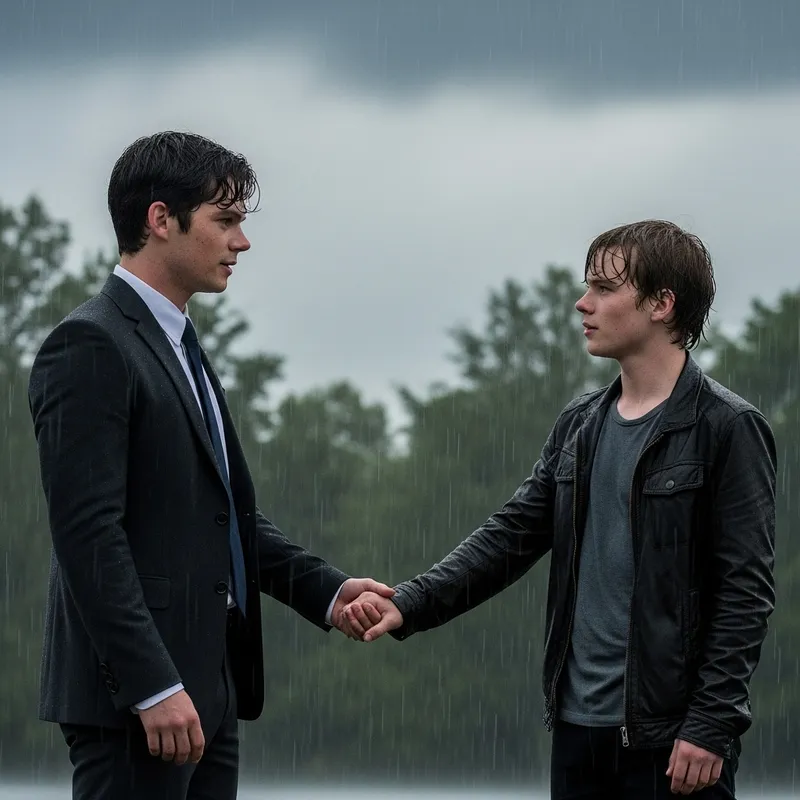 Dylan O'Brien in Maze Runner Scene with Thomas Sangster under Rainy Sky
