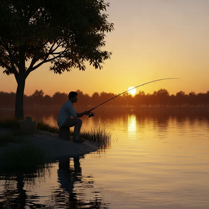 Tranquil Sunset Fishing Scene | 3D Render at Still Lake Tranquil Sunset Fishing Scene | 3D Render at Still Lake